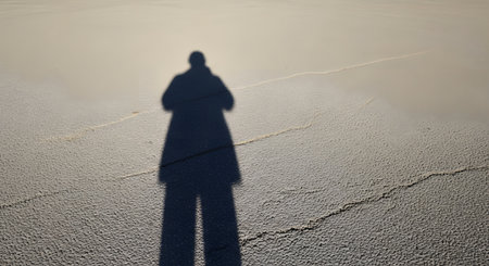 The long, dark shadow of a person is cast across the textured surface of a dry, cracked salt flat or desert floor. The image evokes feelings of solitude, loneliness, exploration, and the stark beauty of a barren landscape.の素材