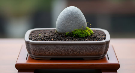 A minimalist and serene Japanese-style display featuring a smooth, grey, egg-shaped stone and a small patch of green moss arranged in a rectangular bonsai pot. The composition sits on a wooden stand, evoking concepts of Zen, balance, and tranquility.の素材