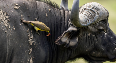 A classic example of symbiosis in the African savanna, where a yellow-billed oxpecker bird is perched on the back of a large African buffalo. The bird is eating ticks or insects off the buffalo's hide, showing a mutually beneficial relationship in wildlife.の素材