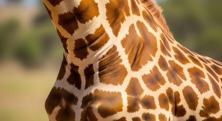 This is a tight close-up shot of a giraffe's neck, emphasizing the unique and beautiful pattern of its coat. The image highlights the texture of the skin and the distinct brown patches separated by lighter cream-colored lines, with a soft-focus natural background.の素材