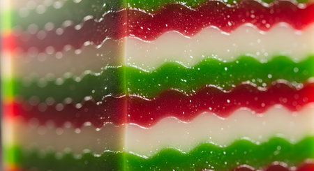 A close-up, macro view of a layered gelatin dessert, showing wavy stripes of translucent red, green, and opaque white. The colorful, sparkling texture creates a fun and abstract food background, reminiscent of holiday treats or Indonesian 'agar-agar'.の素材
