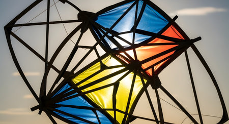 A complex, geometric box kite is silhouetted against the bright sun, with its colorful red, yellow, and blue panels glowing from the backlight. This artistic shot represents summer, design, hobbies, and the simple joys of childhood.の素材