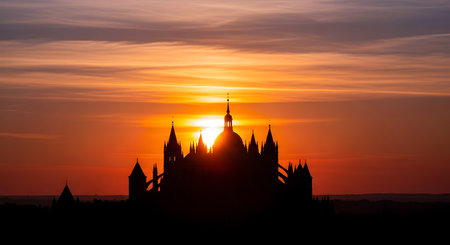 The silhouette of a majestic castle with numerous spires stands against a brilliant orange and yellow sunset. The sun is perfectly positioned behind the central dome, creating a stunning and dramatic scenic view over the city.の素材