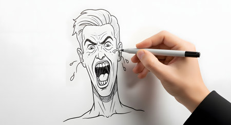 A close-up of an artist's hand using a fine-liner pen to draw an expressive, comic book-style portrait of a man screaming. The black and white ink illustration on a clean sheet of paper captures a moment of intense anger, fear, or excitement.の素材