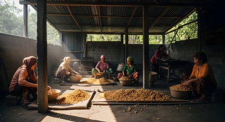 A group of Indonesian women work together in a rustic, sunlit workshop, sorting through large piles of nuts in woven baskets. The natural, dramatic light filtering through the structure highlights the communal effort and traditional process of food preparation in a rural village setting.の素材