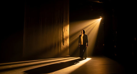 A lone figure stands on a dark stage, illuminated by a single, dramatic spotlight from above. The powerful beam of light cuts through the darkness, creating long shadows and highlighting the person in a moment of performance, solitude, or revelation.の素材