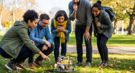 A diverse group of five young adults gathered in a park, looking down with curiosity and excitement at a small, complex robot on the grass. They are engaged and collaborating, pointing at the device, suggesting a team project in science, technology, or engineering.の素材