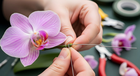 A close-up shot of a florist's hands meticulously wrapping a thin wire around the stem of a beautiful pink phalaenopsis orchid. In the background, other floral arrangement tools like wire cutters and floral tape are visible, showcasing the art of floristry.の素材