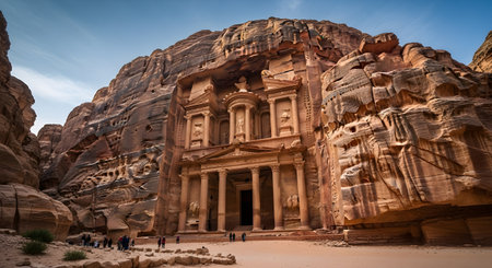 The magnificent facade of Al-Khazneh, also known as The Treasury, is carved directly into the rose-red sandstone cliffs of Petra. This iconic archaeological site, a wonder of the ancient world, is viewed from the Siq with tourists gathered near its entrance.の素材