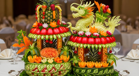 An exquisite display of fruit and vegetable carving, a traditional Asian art form known as Mukimono. The centerpiece features a mythical dragon skillfully carved from a light green vegetable and an elaborate tower made from a pineapple, surrounded by other beautifully crafted flowers and shapes from various fruits and vegetables. This culinary art is presented on a platter at a formal dining event.の素材