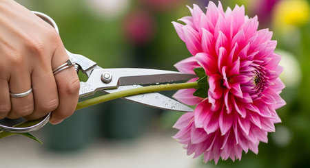 A close-up shot of a person's hand using large, sharp scissors to cut the stem of a vibrant pink dahlia. The beautiful flower, covered in tiny water droplets, is being harvested from a lush, green garden.の素材