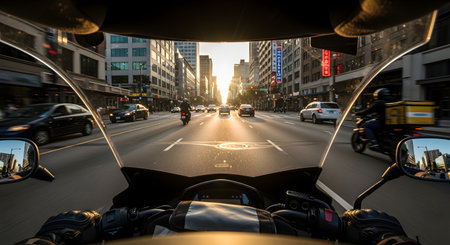 First-person perspective from a motorcyclist navigating through city traffic during a beautiful sunset. The view through the windscreen shows a multi-lane road, cars, other motorcycles, and tall buildings, with a warm glow from the setting sun creating motion blur.の素材