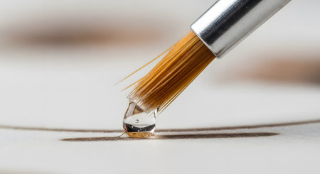A macro photograph captures the fine bristles of an artist's paintbrush with a single, clear drop of water at its tip. The brush is touching a piece of paper, poised to make a mark, highlighting concepts of creativity and precision.の素材