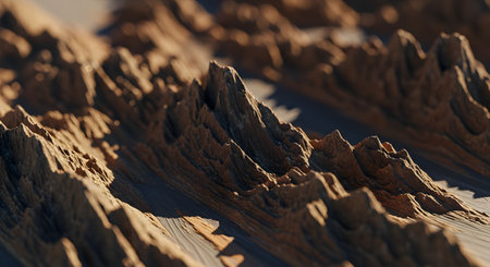 An abstract macro photograph creating the illusion of a miniature, rugged mountain range with sharp peaks and deep valleys. The detailed texture and dramatic lighting on the brown surface produce a powerful and dramatic landscape effect.の素材