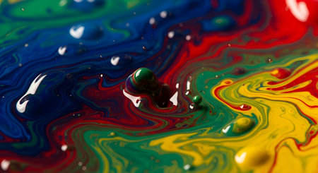 A vibrant and abstract macro photograph of thick, glossy paints in primary colorsâred, yellow, blue, and greenâswirling and mixing together. The fluid motion creates a dynamic and chaotic pattern, with small bubbles and droplets adding texture. This image represents creativity, artistry, and the beauty of color in motion.の素材