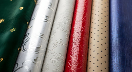 A close-up view of various rolls of festive wrapping paper standing side-by-side. The collection features diverse textures and patterns, including green velvet, silver metallic, embossed white floral, shiny red, kraft paper with stars, and blue fabric, ready for gift wrapping.の素材