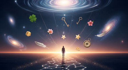 A lone figure stands on a luminous, networked path, gazing at a swirling galaxy and starry cosmos. Symbolic items like keys, lucky clovers, and feathers float down, representing choices, destiny, opportunities, and the journey of life.の素材