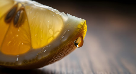 An extreme macro shot of a fresh lemon wedge, with a single, perfect drop of juice about to fall from its tip. The backlight illuminates the translucent pulp and seeds, highlighting its freshness and juiciness against a dark, textured background.の素材