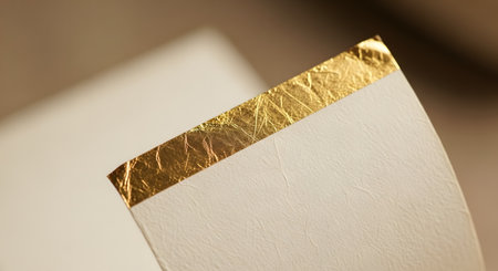 A close-up, macro view of the edge of a piece of textured, cream-colored paper or cardstock that has been embellished with a strip of gold leaf. The image highlights the luxurious texture of the crinkled gold foil, conveying elegance, premium quality, and sophisticated craftsmanship.の素材