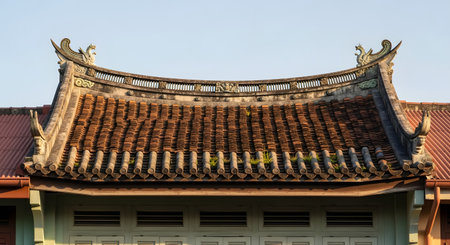 A detailed view of a traditional Asian-style curved roof, featuring weathered clay tiles and ornate decorative elements at the eaves. The architectural details stand out against a clear blue sky, representing cultural heritage and traditional craftsmanship.の素材