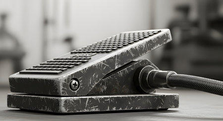 A close-up, monochrome photograph of a heavy-duty industrial foot pedal showing significant wear and tear. The metal is scratched and worn, and the image focuses on the rugged texture of the pedal and the braided cable attached.の素材