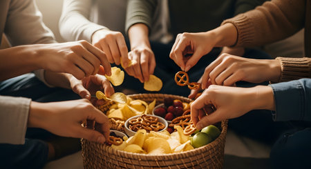 A top-down view of multiple hands belonging to a group of friends reaching into a woven basket to share snacks. They are picking up potato chips and pretzels from the communal bowl, symbolizing friendship, gathering, and social eating.の素材