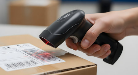 A close-up of a hand holding a handheld barcode scanner and pointing its red laser at a shipping label on a cardboard box. The process of scanning is central, highlighting inventory management in a warehouse or post office. This image represents logistics, tracking, and the efficiency of modern shipping.の素材