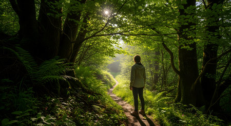 A lone person stands on a tranquil dirt path in a vibrant, sun-drenched forest. Beams of sunlight filter through the dense green canopy of leaves, illuminating the peaceful and serene natural landscape.の素材
