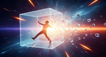 A man triumphantly breaks out of a transparent glass cube that is shattering around him. The background is a futuristic, cosmic scene with light streaks and floating crystals, symbolizing breakthrough, freedom from limitations, and stepping into a new dimension of possibility or technology.の素材