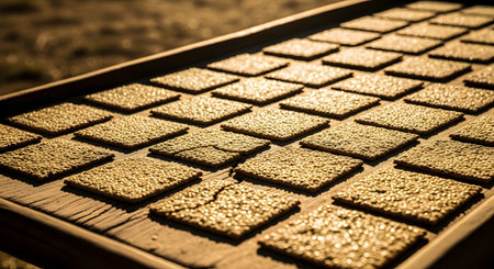 A close-up shot of square, whole-grain crackers arranged neatly in rows on a rustic wooden tray. The crackers are bathed in warm, golden sunlight, which highlights their textured surface and creates a cozy, appetizing atmosphere.の素材