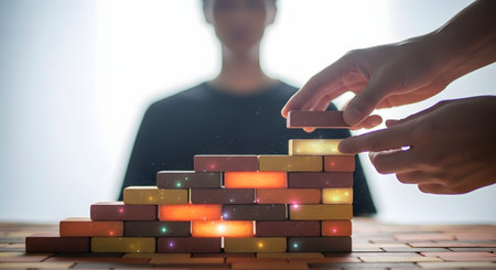 A conceptual image illustrating growth and development, where hands carefully place blocks to build a rising staircase. Some blocks glow with magical light, symbolizing key steps, innovation, and progress towards a goal, with a silhouette representing the individual's future.の素材