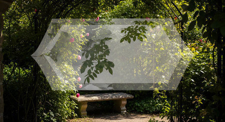 A tranquil garden scene features a weathered stone bench nestled within a lush archway of climbing roses and green foliage. Dappled sunlight filters through the leaves, creating a peaceful and secret garden atmosphere. A semi-transparent geometric overlay in the center provides a perfect copy space for text.の素材