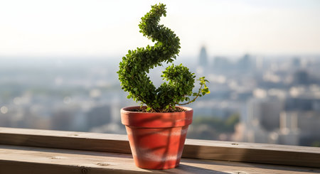 A beautifully sculpted spiral topiary plant sits in a terracotta pot on a wooden ledge. The vibrant green foliage contrasts with the soft, out-of-focus city skyline in the background, bathed in gentle sunlight. This image represents urban gardening, bringing nature into the city, and decorative horticulture.の素材