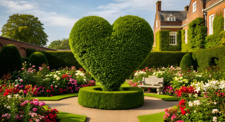 A stunning formal garden features a large, perfectly manicured bush sculpted into the shape of a heart as its centerpiece. The garden is filled with vibrant flowers, lush green lawns, and neatly trimmed hedges, with a classic brick house in the background. The image symbolizes love, romance, nature's beauty, and expert landscaping.の素材