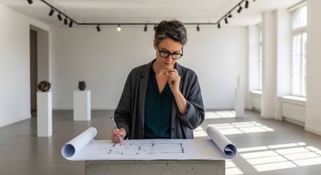 A mature, professional woman with glasses stands in a minimalist art gallery, thoughtfully reviewing architectural blueprints spread out on a concrete pedestal. This image conveys concepts of planning, design, curation, and professional expertise in the creative industries.の素材