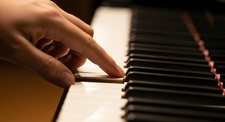 A close-up shot captures a person's index finger gently pressing a single white key on a piano. The warm, soft lighting highlights the hand and the glossy keyboard, evoking a sense of music, learning, and quiet concentration.の素材
