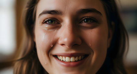 An intimate close-up portrait of a young woman experiencing a powerful, bittersweet emotion. While a genuine, wide smile graces her lips, tears stream down her face from her expressive eyes, capturing a poignant moment of joy, relief, or overwhelming happiness.の素材