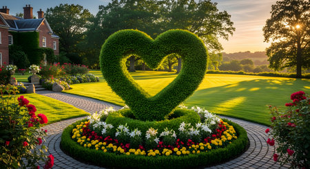 A magnificent, large topiary hedge sculpted into a perfect heart shape serves as the centerpiece of a stunningly beautiful formal garden. Surrounded by colorful flowers with a classic manor house in the background, the scene is bathed in the warm glow of a setting sun, evoking romance and love.の素材