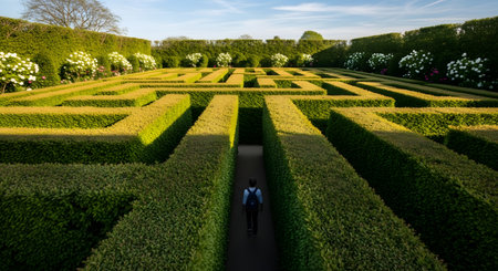 A person wearing a backpack is seen from a high angle as they walk into the entrance of a large, intricate hedge maze on a sunny day. The perfectly manicured green labyrinth represents concepts of choice, challenge, and finding a path.の素材