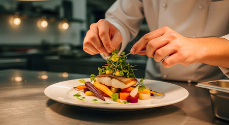 In a professional kitchen, a chef meticulously uses tweezers to add a final garnish of microgreens to a beautifully plated gourmet dish. The meal consists of a perfectly seared fish fillet served on a bed of colorful root vegetables, representing fine dining and the art of cuisine.の素材