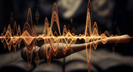 A conceptual abstract image of a glowing golden soundwave visualizing audio or energy. The waveform appears to emanate from a wooden object resembling a gavel or scepter, set against a dark background, symbolizing sound, magic, or authority.の素材