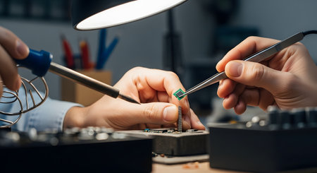 A close-up shot of an engineer's hands meticulously working on a circuit board under a bright lamp. One hand uses a soldering iron while the other uses precision tweezers to place a small microchip, demonstrating technical skill and electronics repair.の素材
