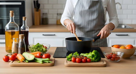 A person in an apron is cooking a healthy meal in a bright, modern kitchen. They are stirring a pot on the stove, surrounded by a variety of fresh vegetables and ingredients, representing home cooking and a healthy lifestyle.の素材