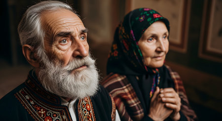 A poignant portrait of an elderly couple from Eastern Europe, dressed in traditional attire. The man, with a long white beard, wears an embroidered shirt, while the woman wears a headscarf, their expressions reflecting a lifetime of experience and faith.の素材