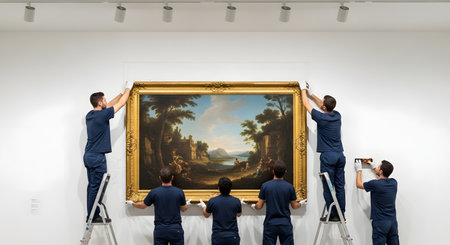 A team of professional art handlers in matching uniforms carefully works together to hang a large, classical painting in an ornate gold frame on a white wall. This scene, taking place in a museum or art gallery, shows the precision and teamwork required for art installation.の素材