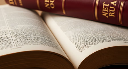 A close-up, selective focus shot of an open hardcover book, revealing pages filled with dense text. Another red, leather-bound book with gold lettering rests on top, suggesting a theme of serious study, research, or academia. The warm lighting creates a studious and classic atmosphere.の素材