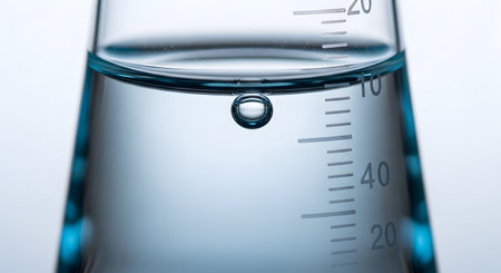 An extreme macro shot of a laboratory measuring flask, focusing on a single, perfectly formed air bubble rising through a clear liquid. The measurement markings on the glass are visible, emphasizing concepts of precision, purity, and scientific experimentation in chemistry.の素材
