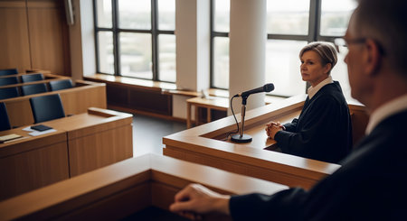 A serious, middle-aged female judge wearing robes sits in the witness stand of a modern courtroom, facing another legal professional in the foreground. She appears to be listening intently or giving testimony into a microphone. The scene captures a formal moment within the legal process, representing concepts of justice, law, and testimony.の素材