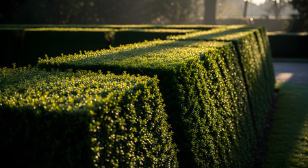 A close-up of a neatly trimmed boxwood hedge in a garden, with the morning or evening sun backlighting the top edge of the leaves. The image highlights the texture and precision of a manicured garden, creating a peaceful and elegant atmosphere.の素材