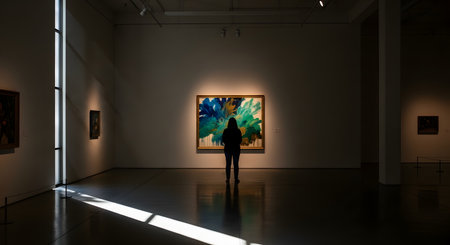 A lone woman is silhouetted against a large, colorful abstract painting that is spotlit in a dark and quiet museum gallery. A dramatic beam of light from a high window cuts across the polished floor, enhancing the mood of solitude and contemplation.の素材